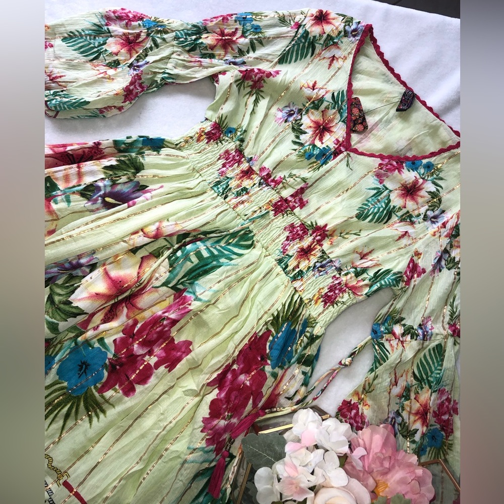 Floral Maxi Dress in Light Green with Pink & Blue Blooms